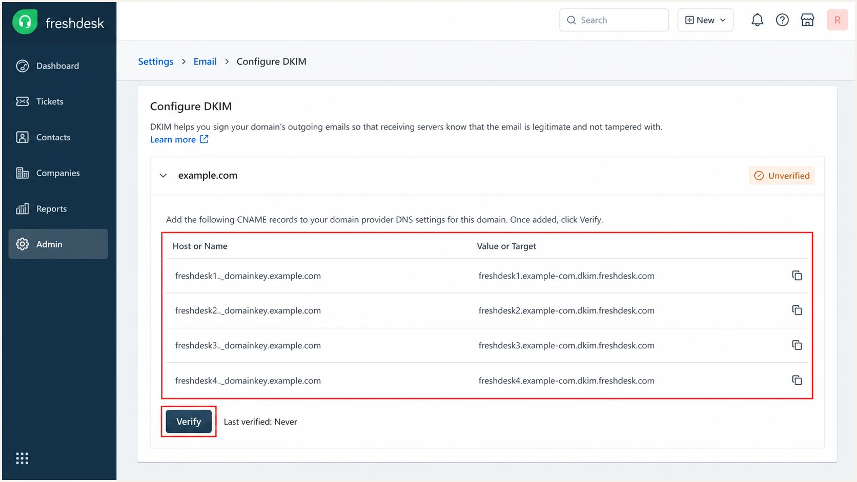 Freshdesk DKIM page with four CNAME records and Verify button