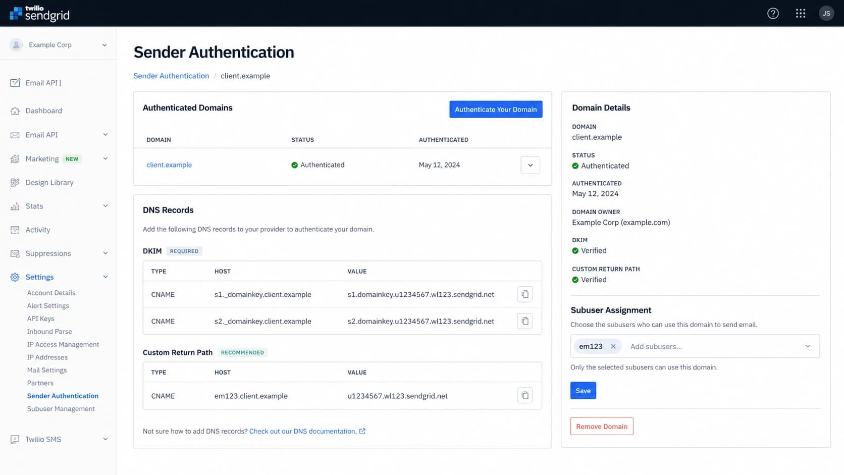 Twilio SendGrid Sender Authentication screen showing domain authentication and subuser assignment controls.