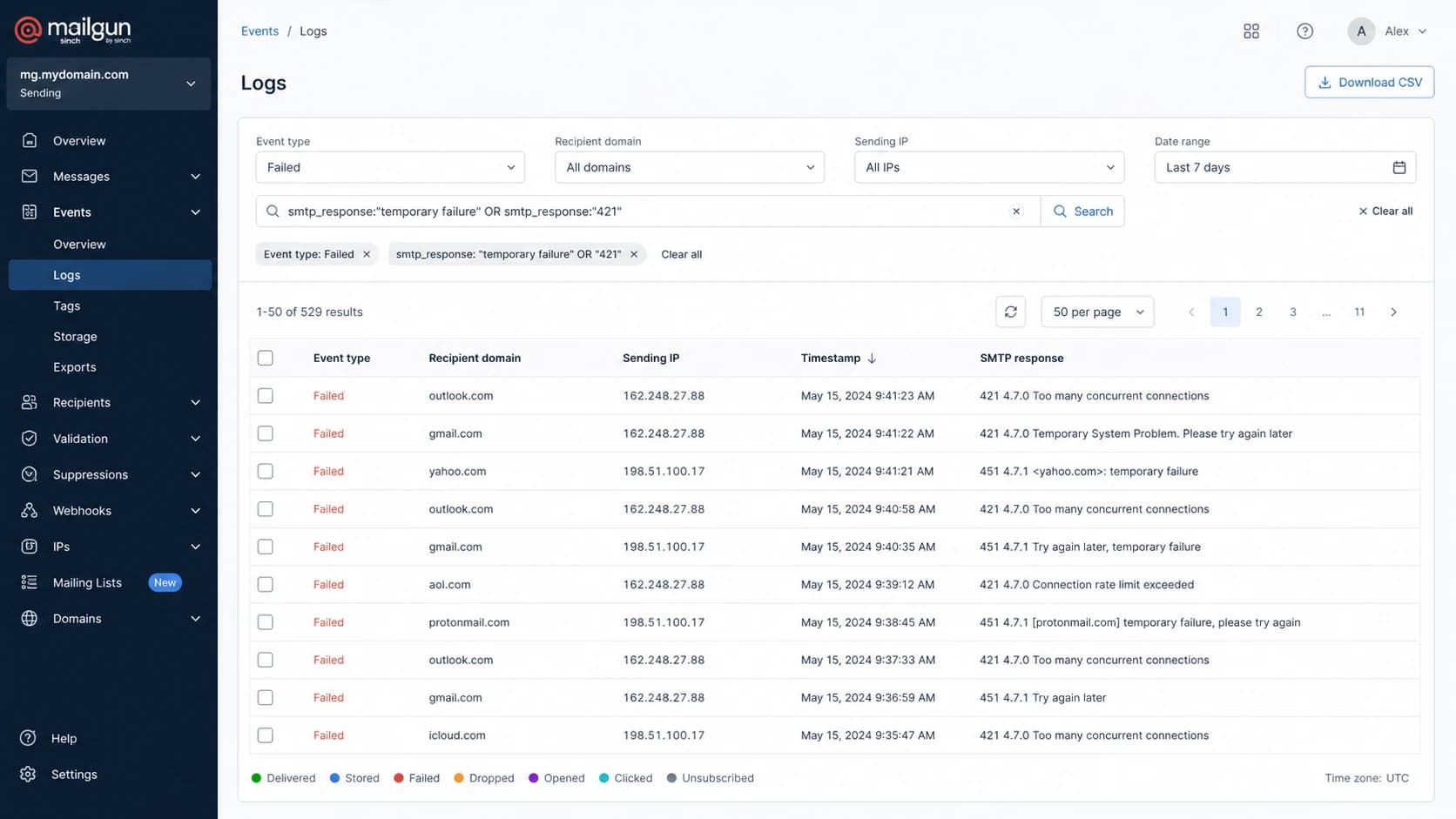 A Mailgun logs screen filtered to temporary connection-limit failures.