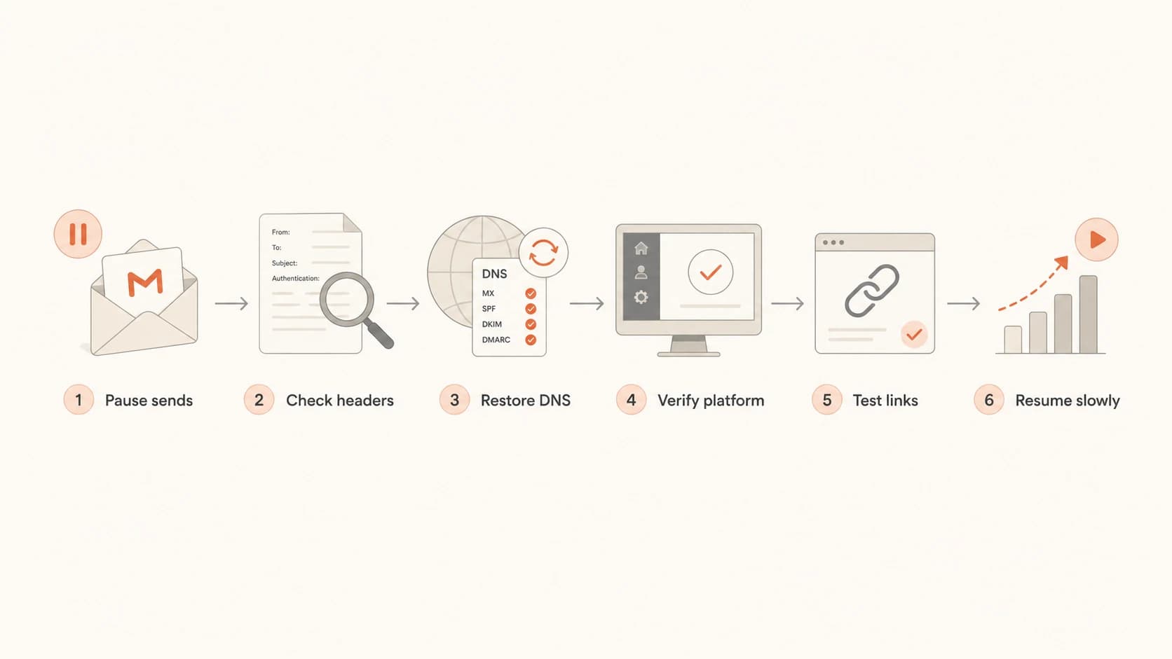 Flowchart for fixing Gmail warnings after a domain change.
