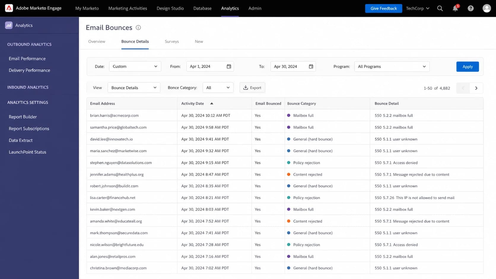 Adobe Marketo Engage screen showing bounce details and email activity rows.