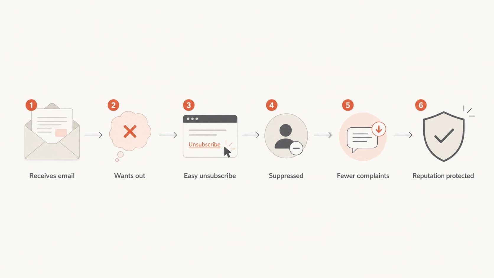 A flowchart showing how an easy unsubscribe path reduces complaints.