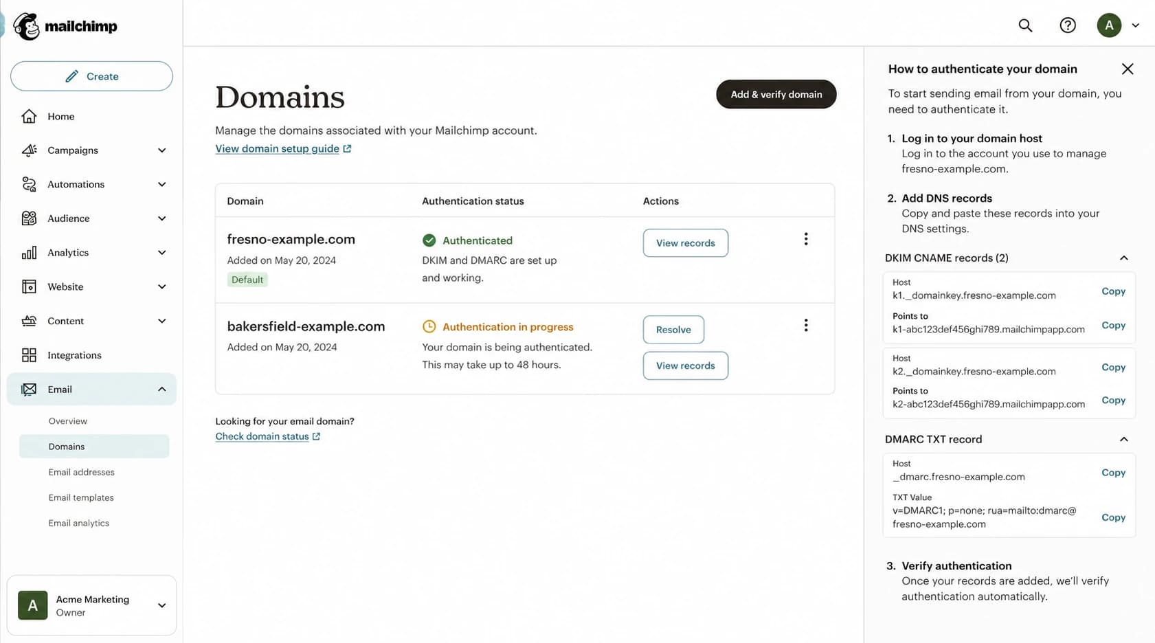 Mailchimp Domains page showing two sending domains with different authentication states.