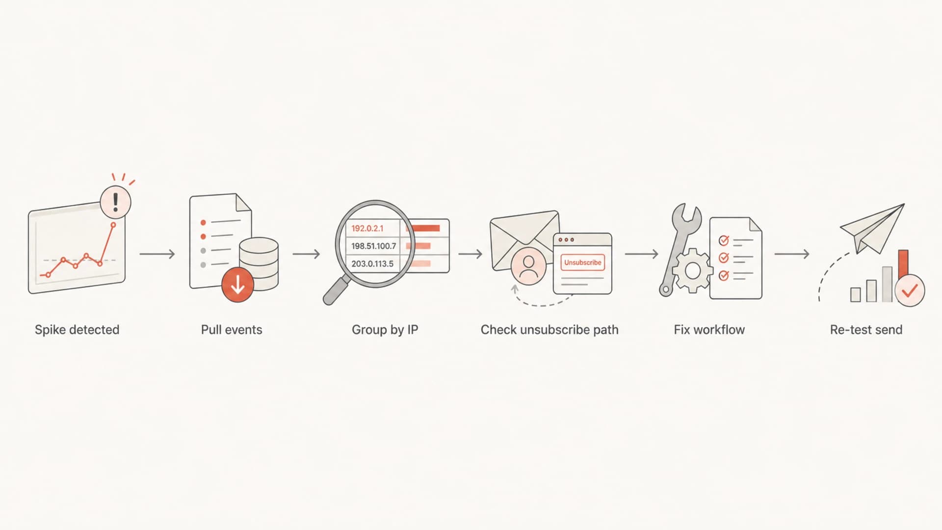 Flowchart showing how to investigate a SendGrid click and unsubscribe spike.