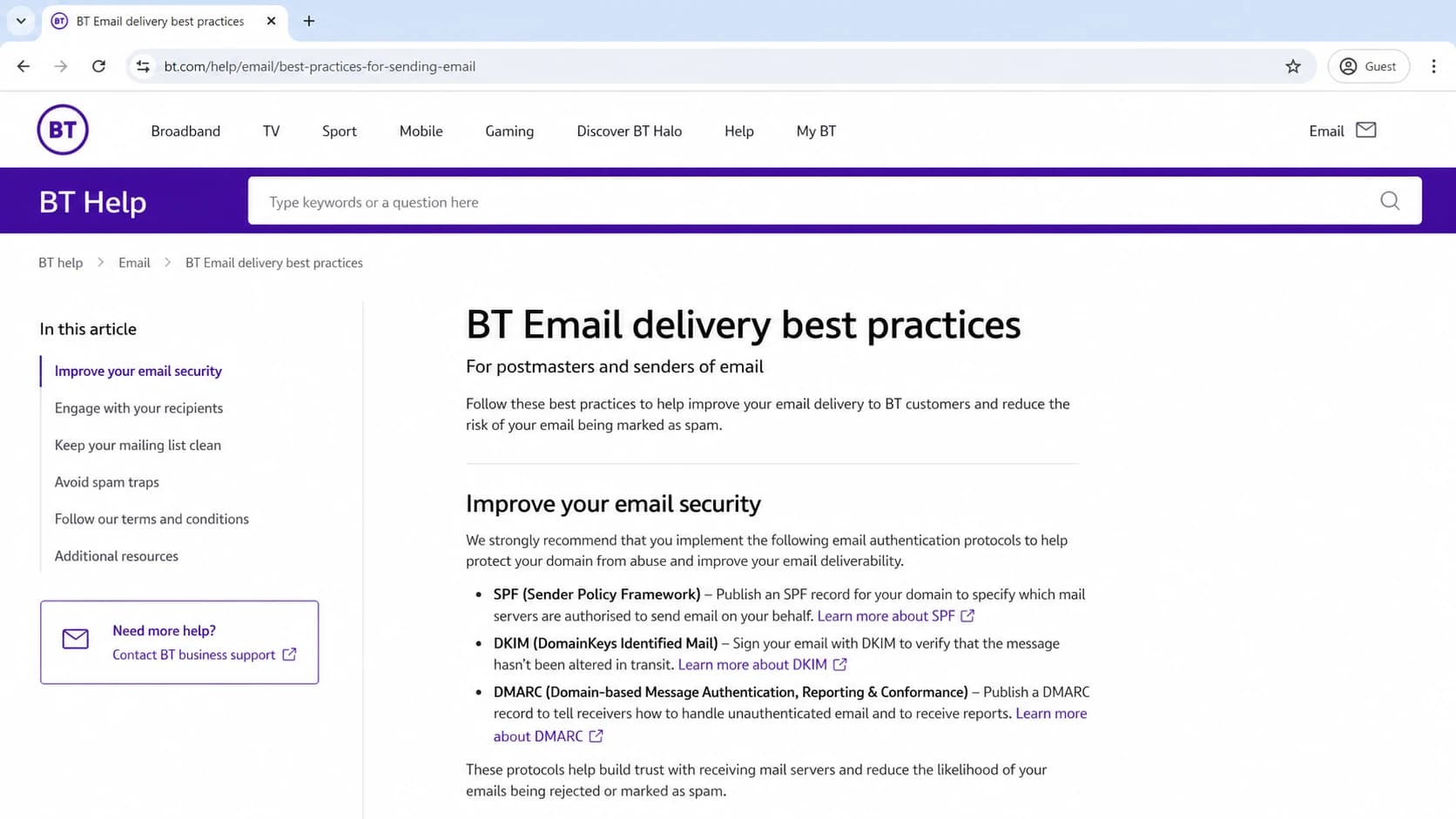 BT Help page showing email delivery best practices for senders.