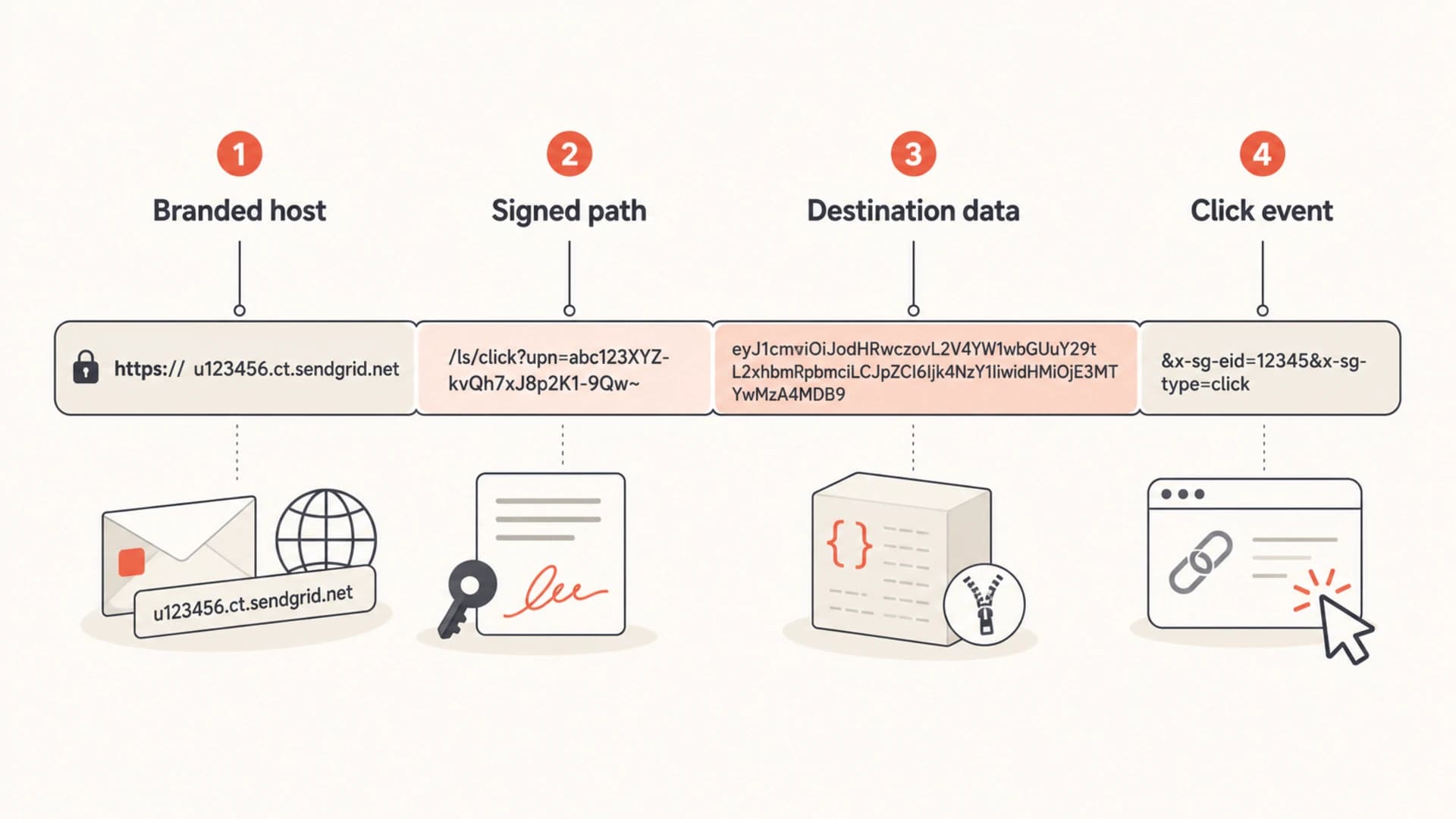 SendGrid tracking link parts: branded host, signed path, destination data, and click event