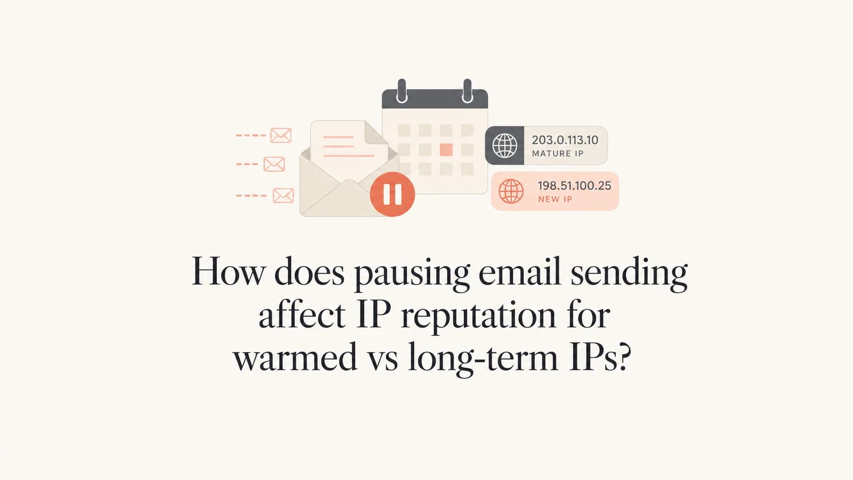 A paused email stream beside mature and newly warmed IP reputation markers.