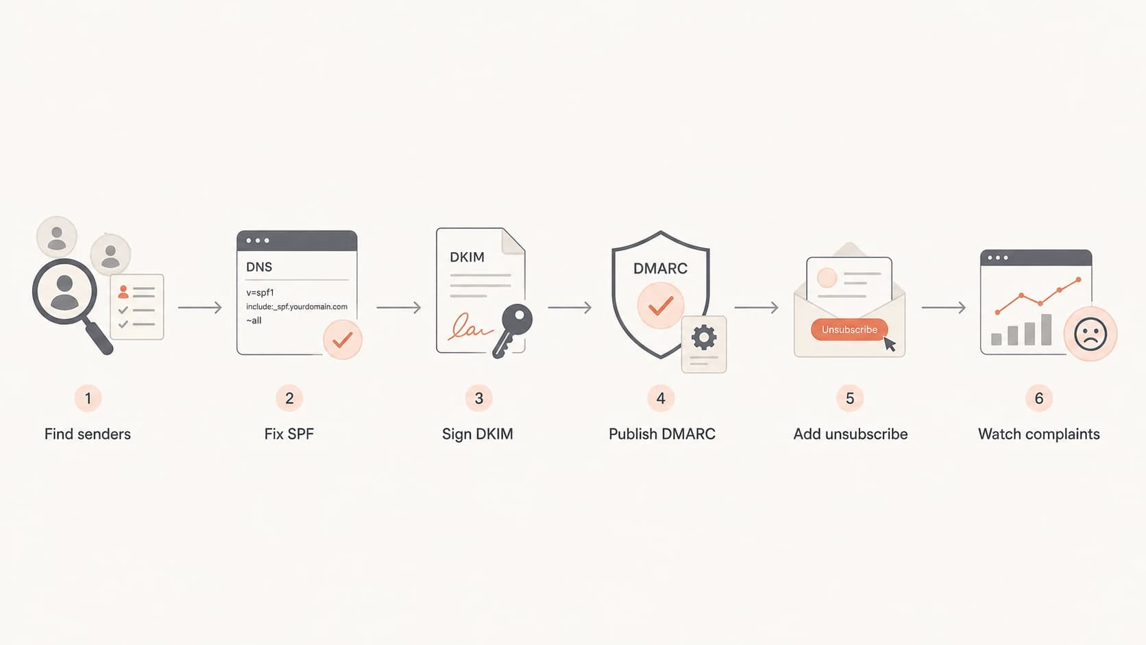 Compliance flow from sender inventory to complaint monitoring.