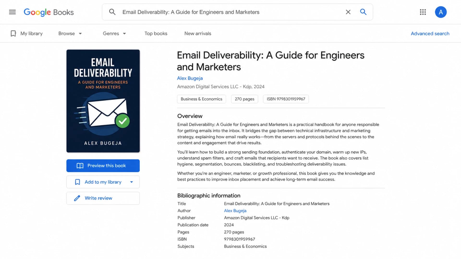 Google Books page for a deliverability book with title, preview controls, and book details.