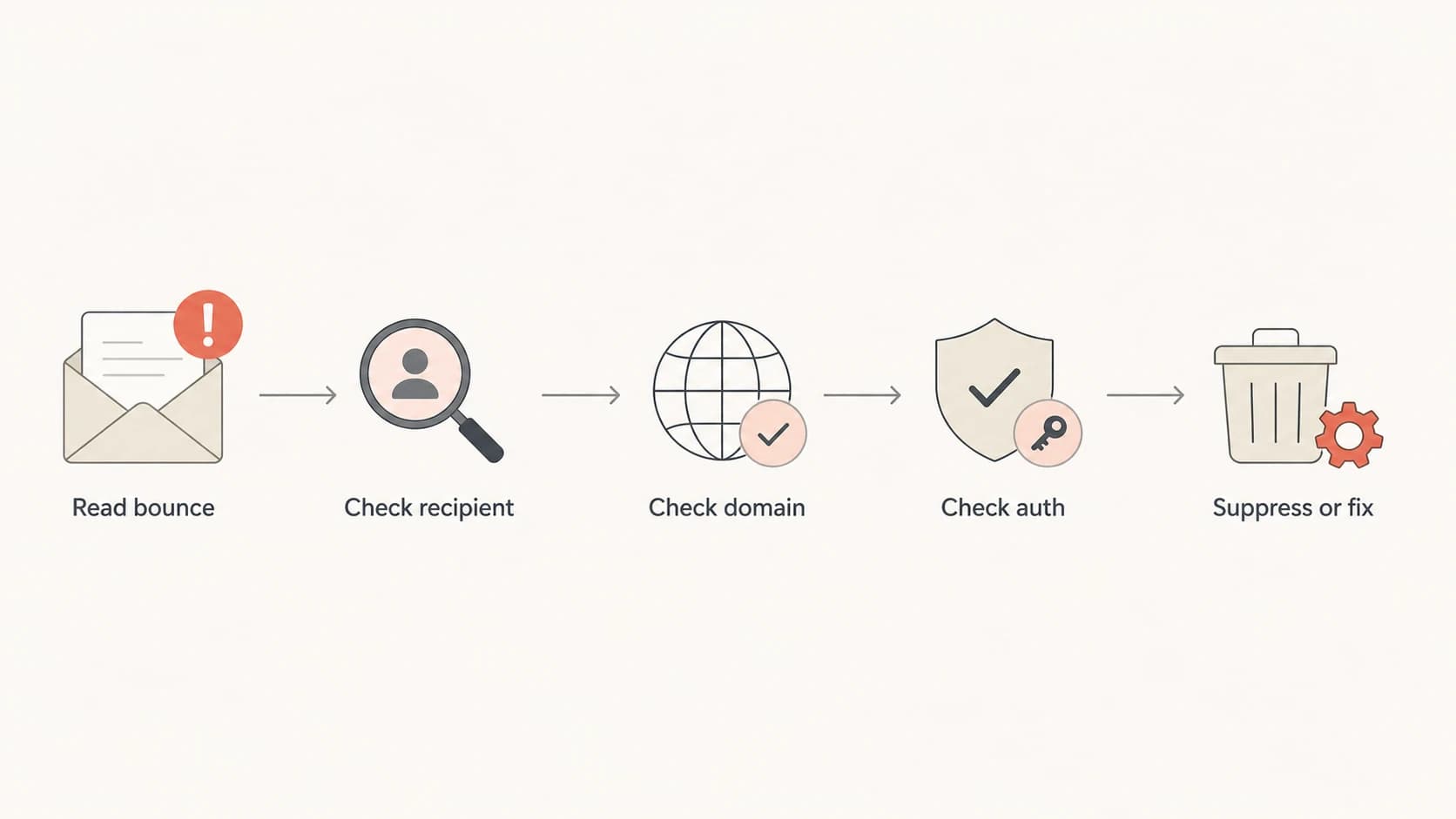 Flowchart for deciding whether a noreply bounce is recipient, domain, or authentication related.
