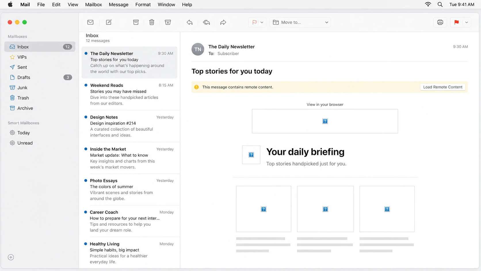 Apple Mail message view with blank image areas and broken image placeholders.