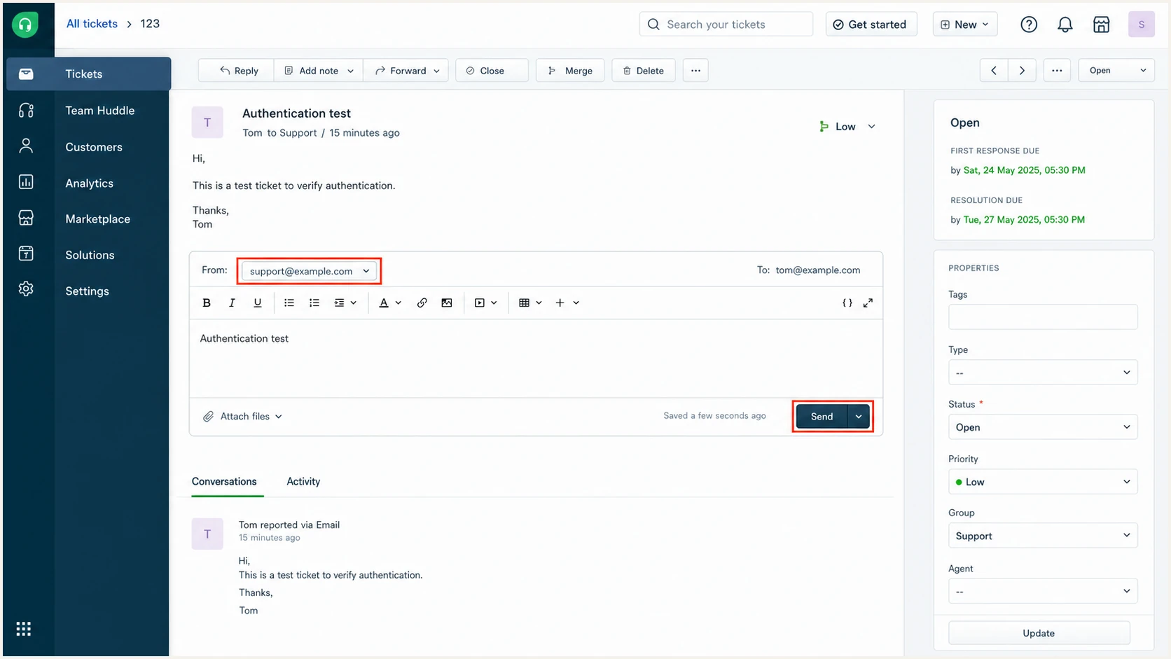 Freshdesk ticket reply used for an email authentication test