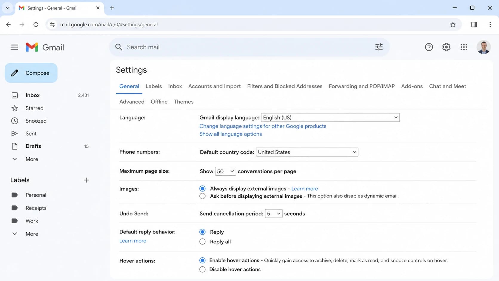 Gmail web settings showing the option to always display external images.