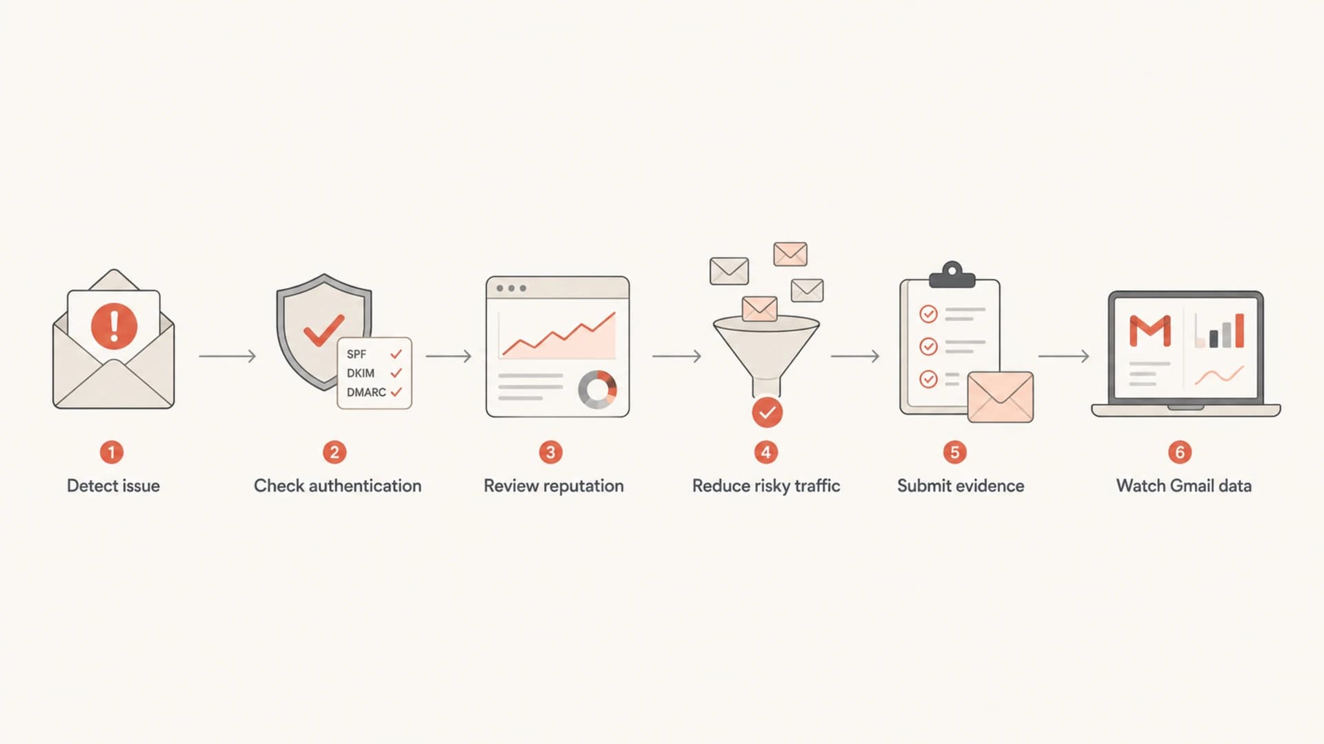 Flowchart showing the Gmail deliverability escalation process.