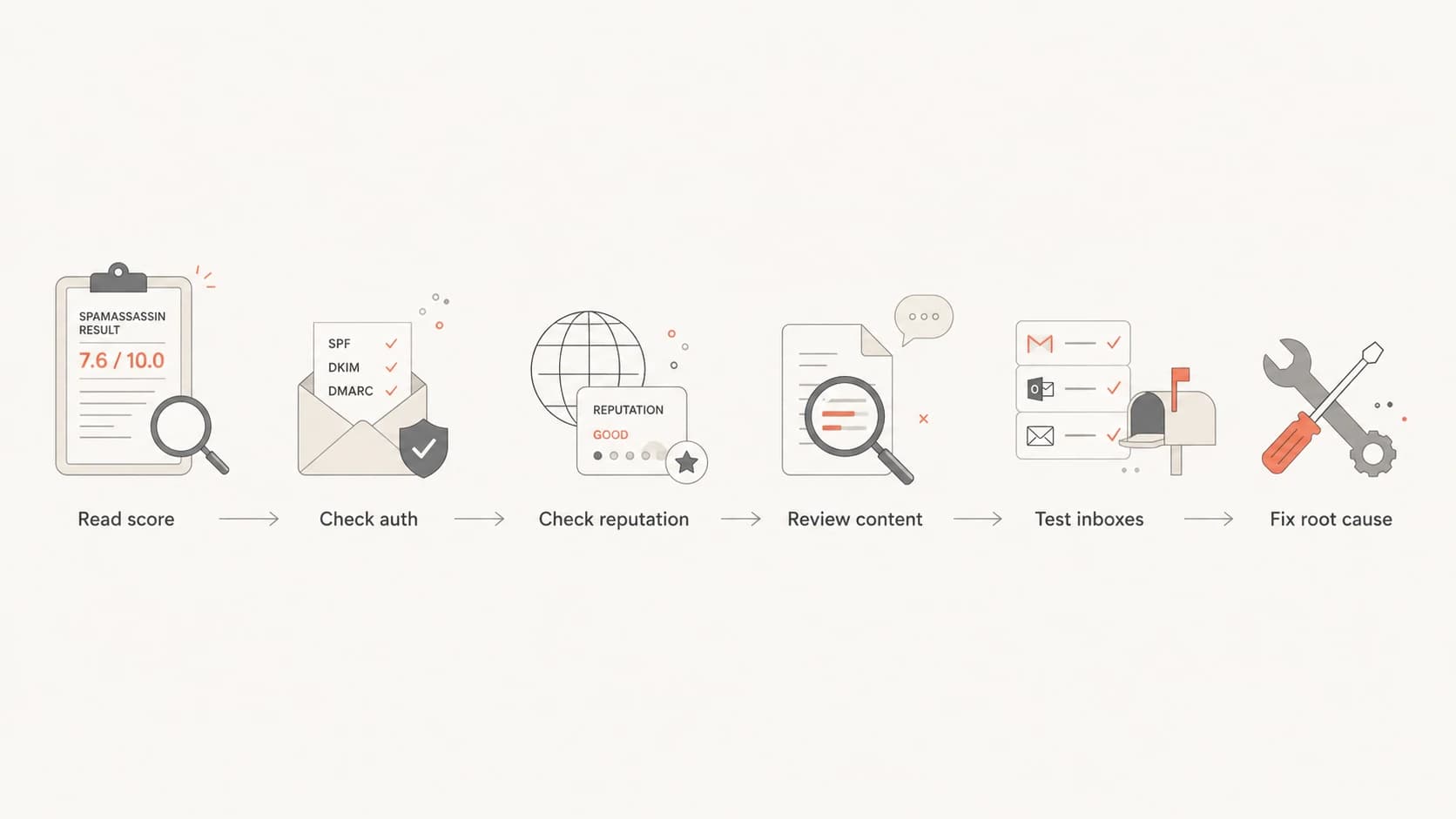 Flowchart for triaging a SpamAssassin score before changing email content.