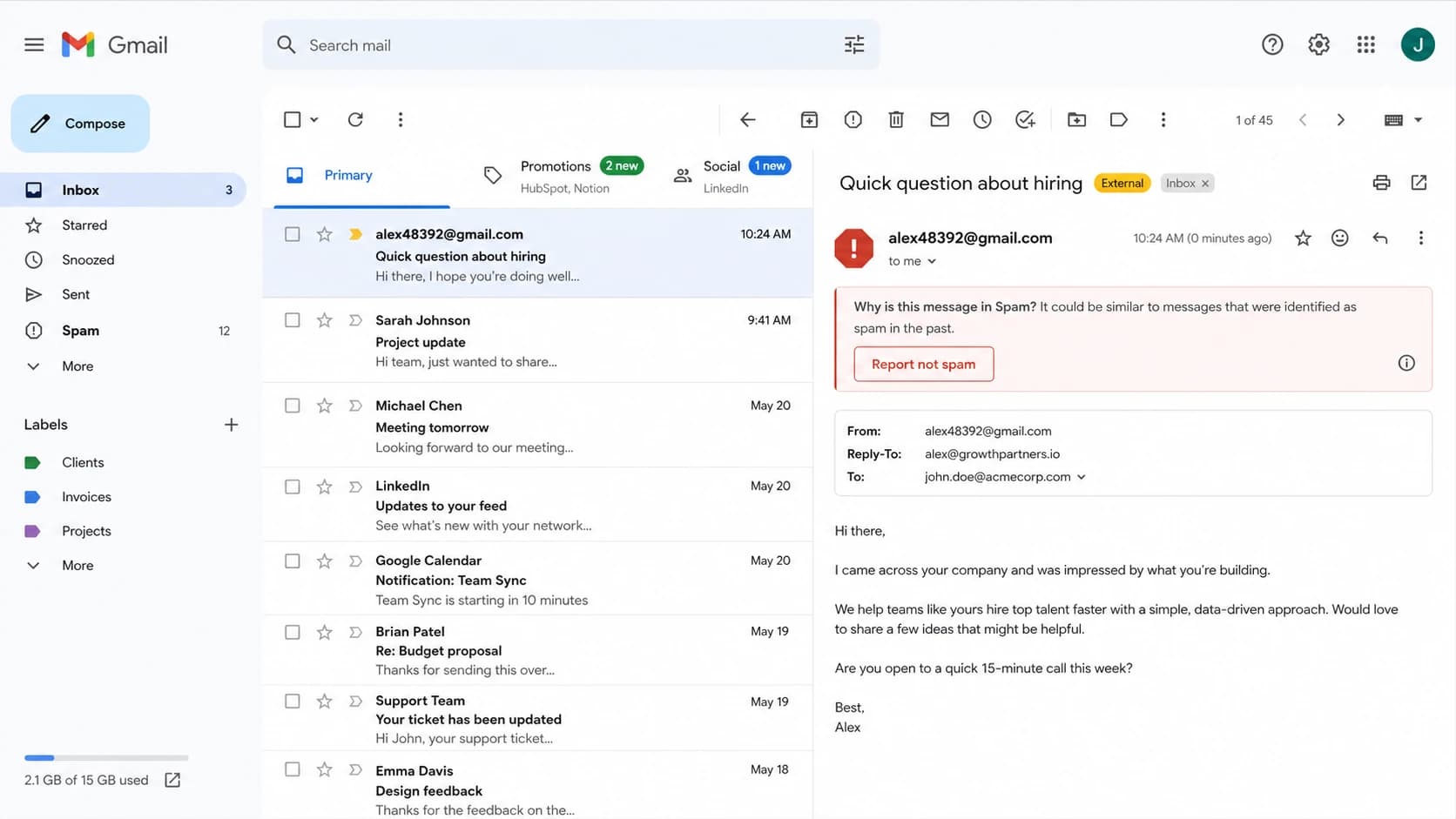 Google Gmail inbox showing a generic business outreach message from a free Gmail address.