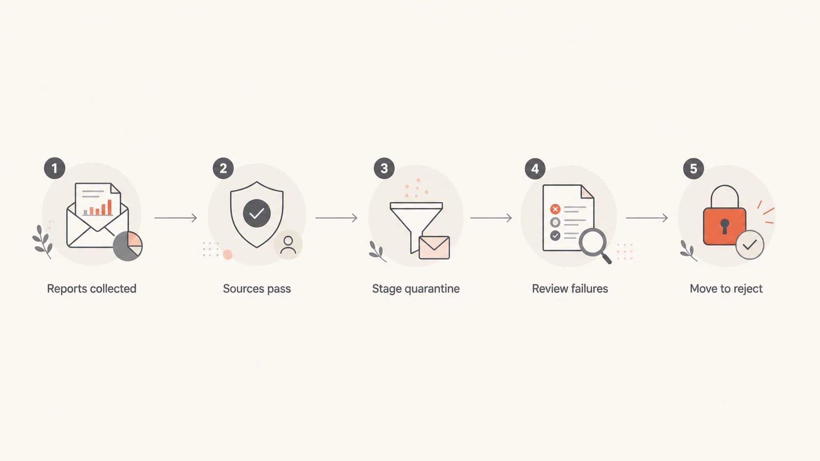 A five-step DMARC decision path from reports to reject.