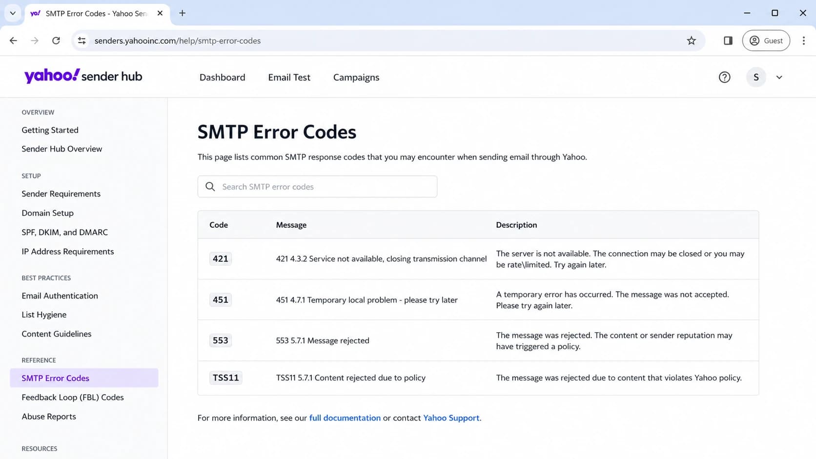 Yahoo Sender Hub SMTP error code documentation screen.