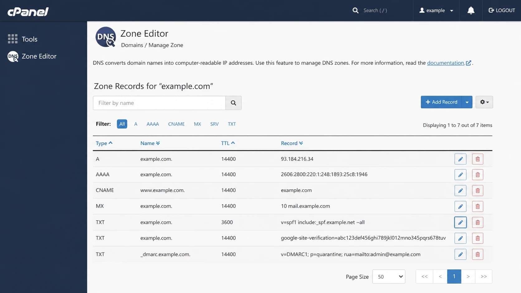 cPanel Zone Editor showing an SPF TXT record ending in ~all.
