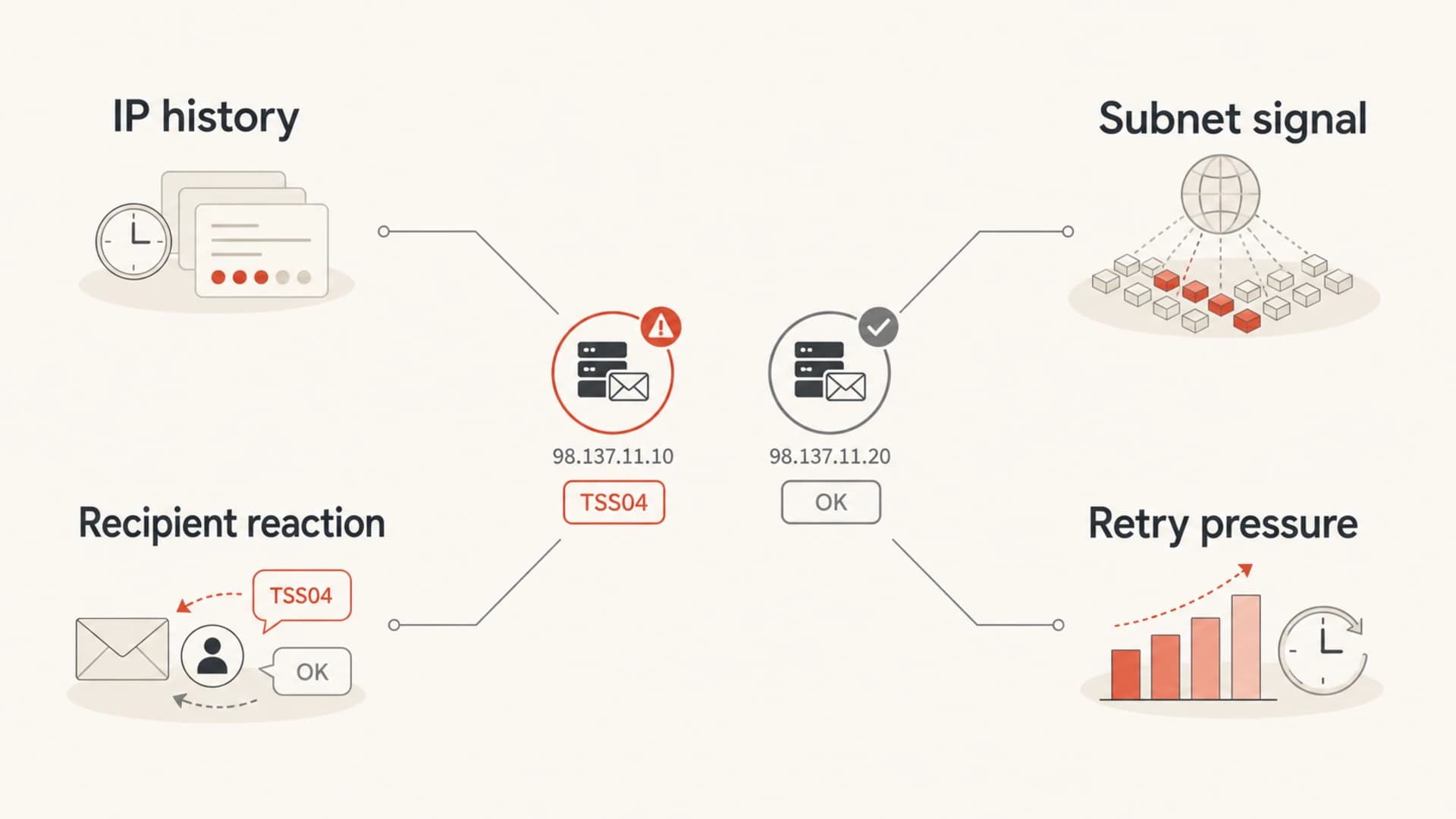 Four reputation inputs can cause one IP to receive Yahoo TSS04 first.