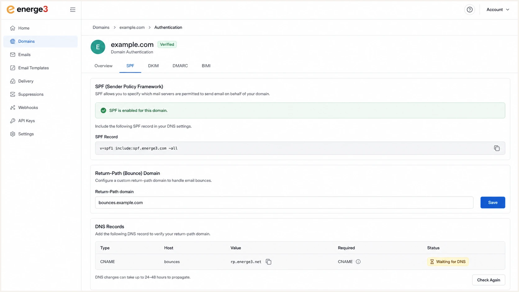 Energe3 SPF and return-path setup screen with DNS status.