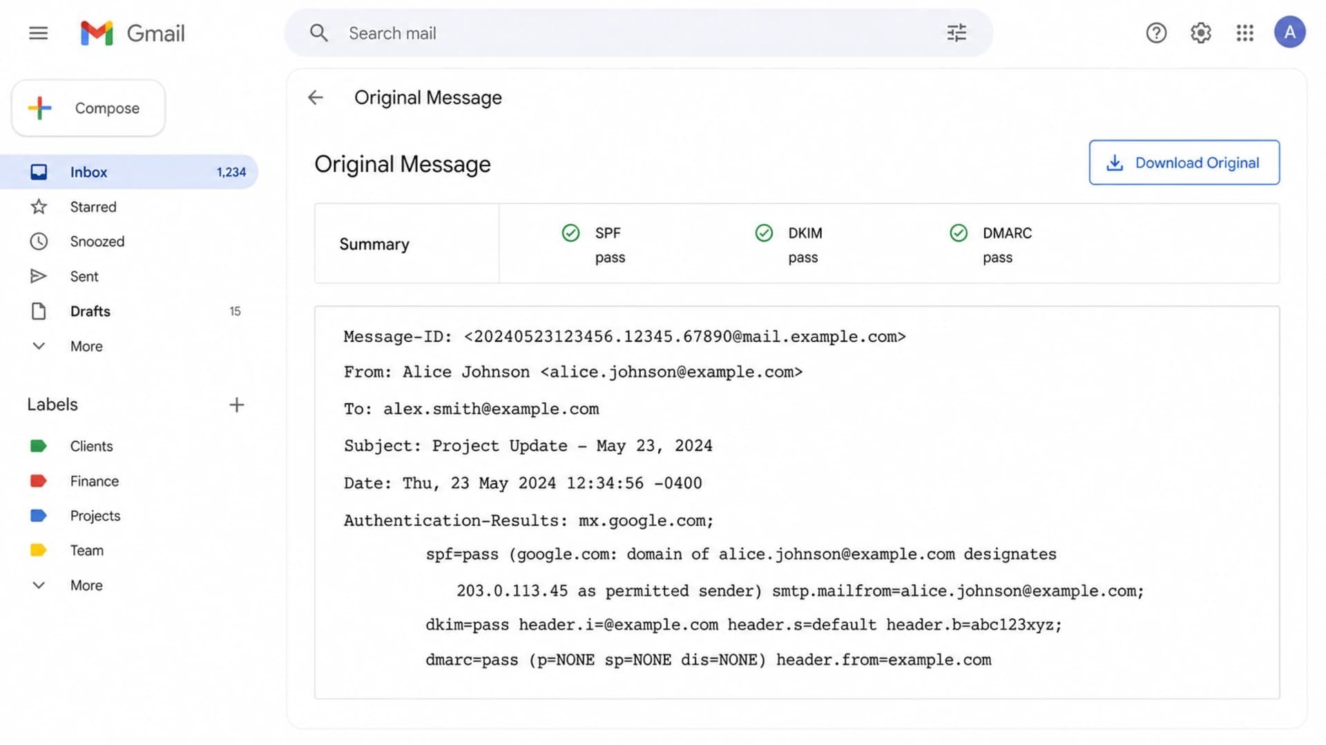 Gmail Show original view with authentication results and raw message headers.