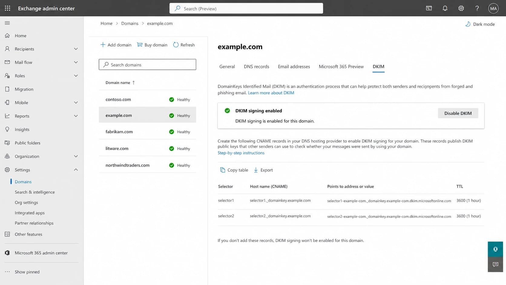 Microsoft Exchange admin center DKIM settings for a custom domain.