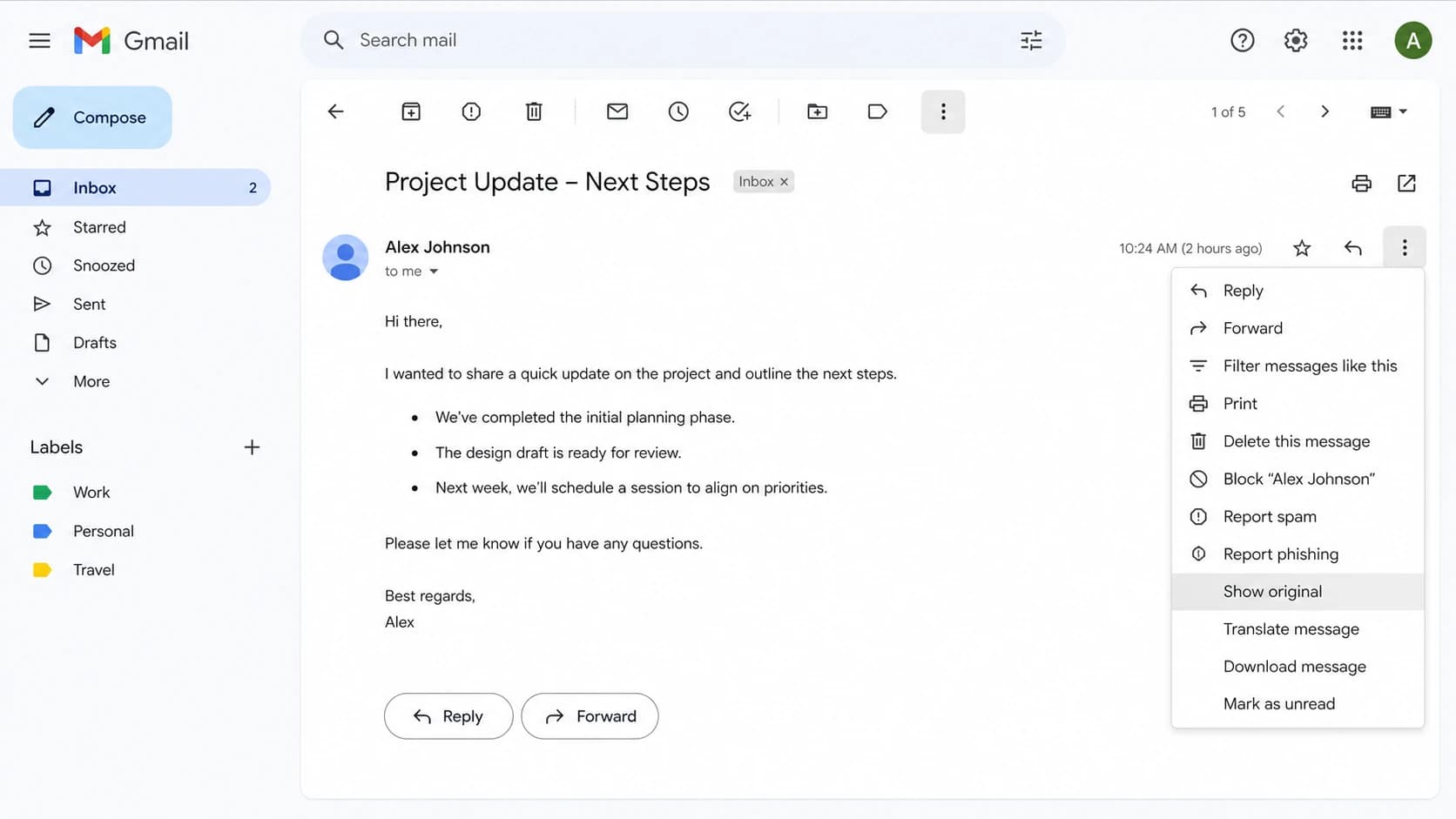 Gmail message menu with Show original selected for header inspection.