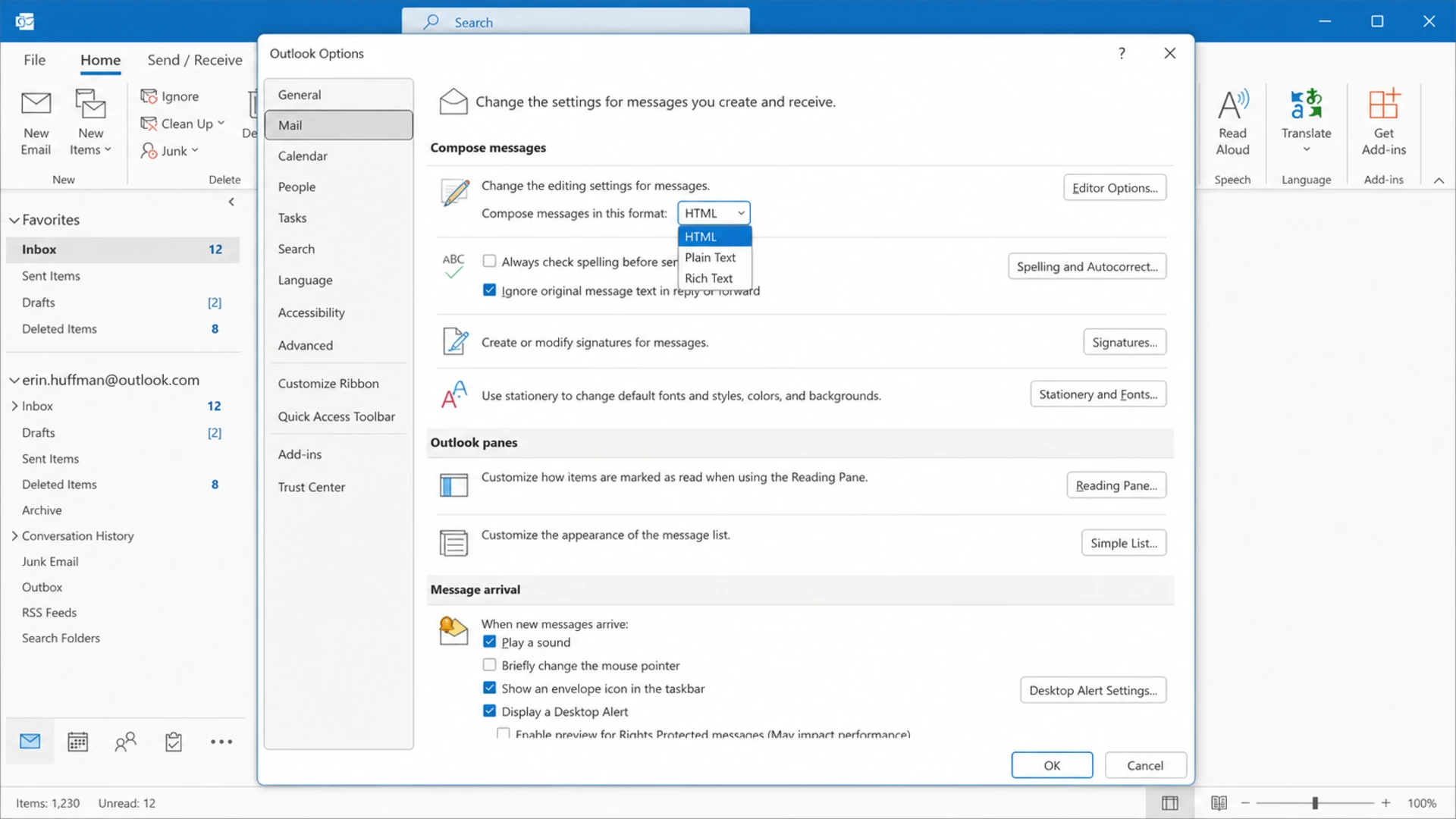 Microsoft Outlook settings showing HTML and plain text compose options