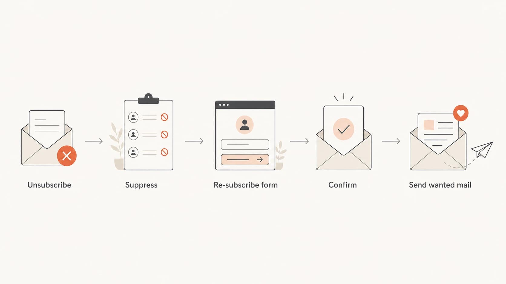 Flowchart showing unsubscribe, suppression, re-subscribe form, confirmation, and sending wanted mail.