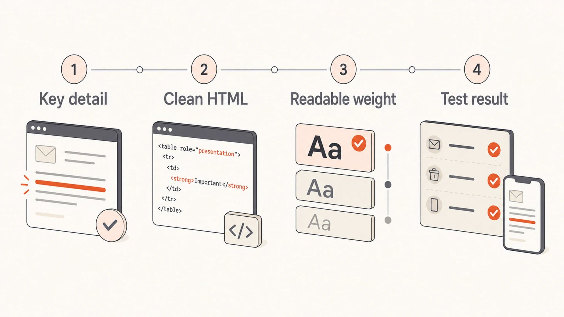 Infographic showing four checks for safe bold text in email.