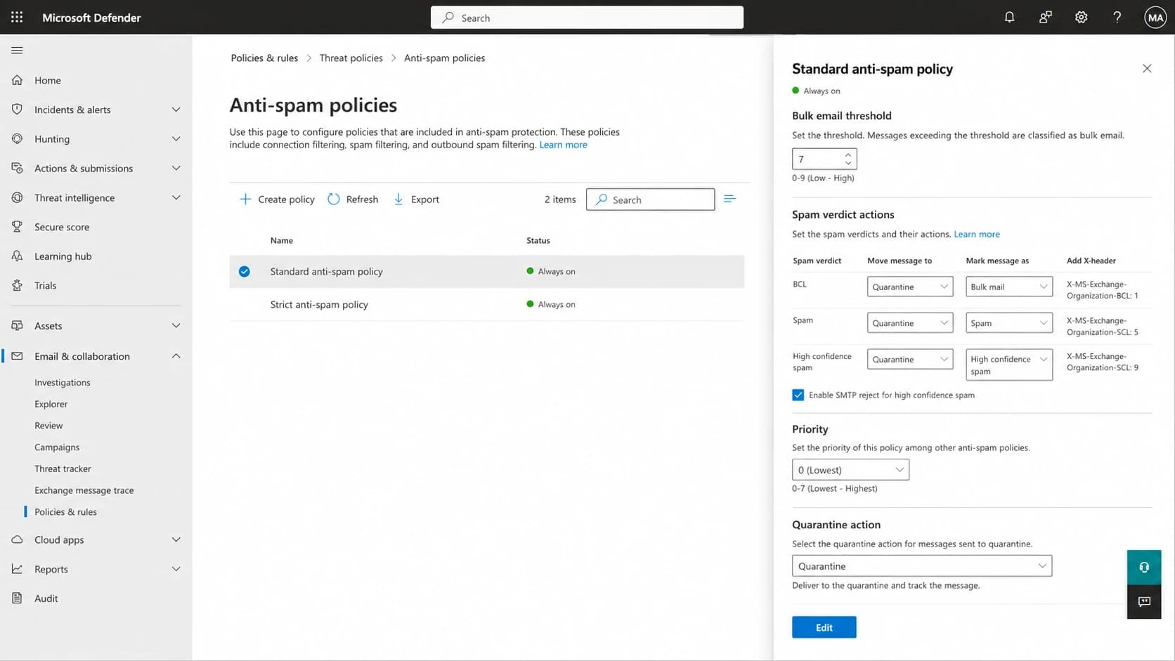 Microsoft Defender portal anti-spam policy screen with BCL threshold controls.