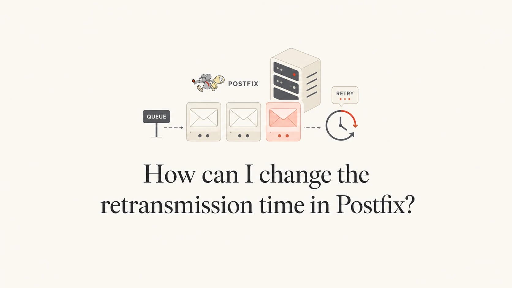 Postfix retry timing concept with a mail queue and clock.