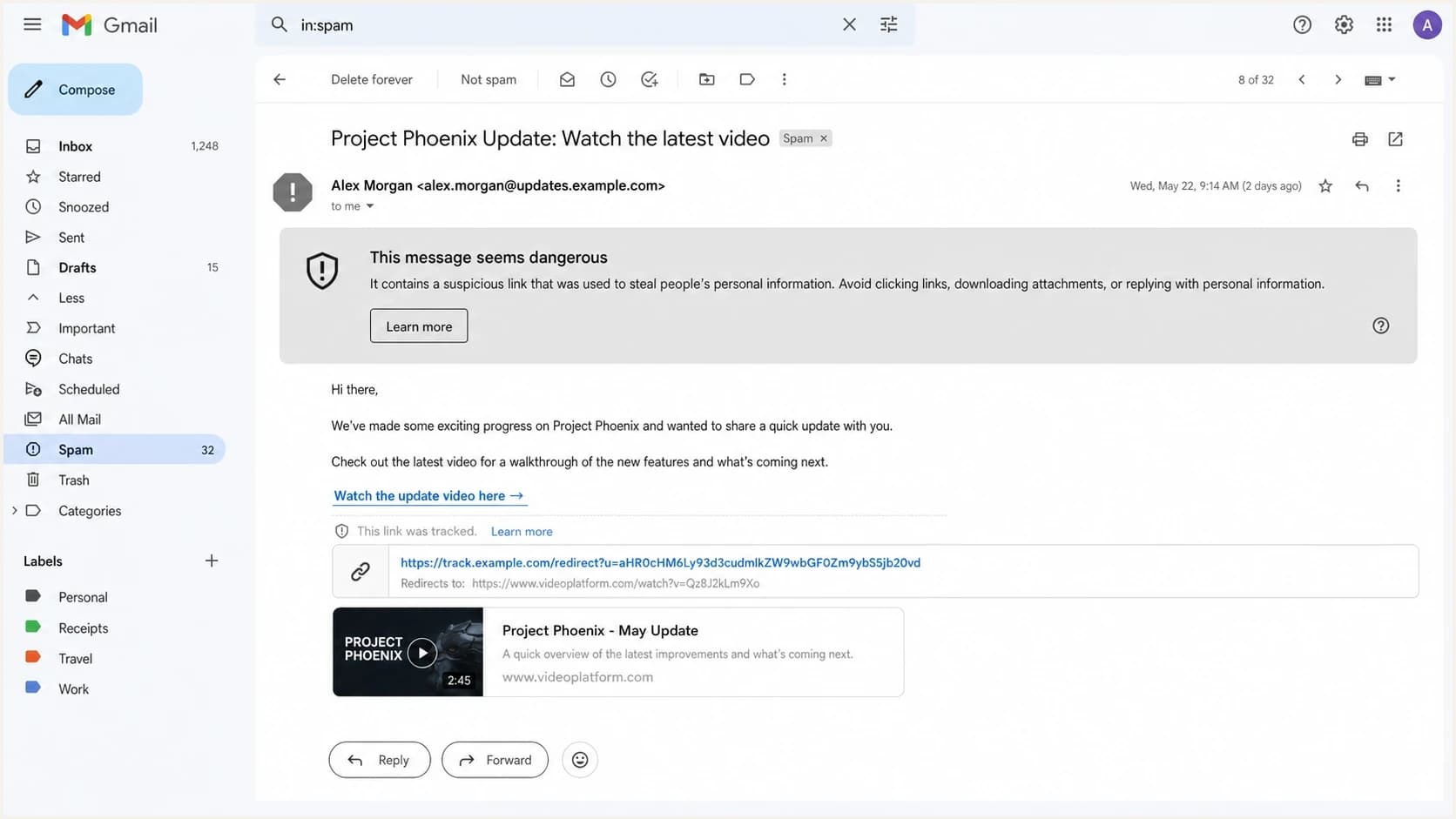 Gmail spam folder warning on an email that contains a video link.