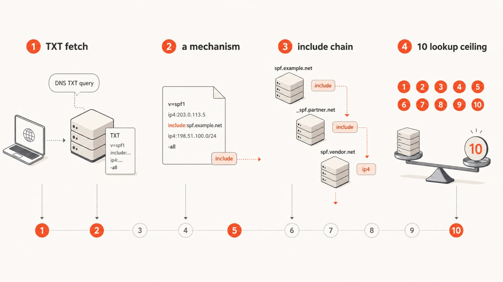 Infographic showing SPF TXT lookup, a mechanism lookup, include chain, and 10 lookup ceiling.