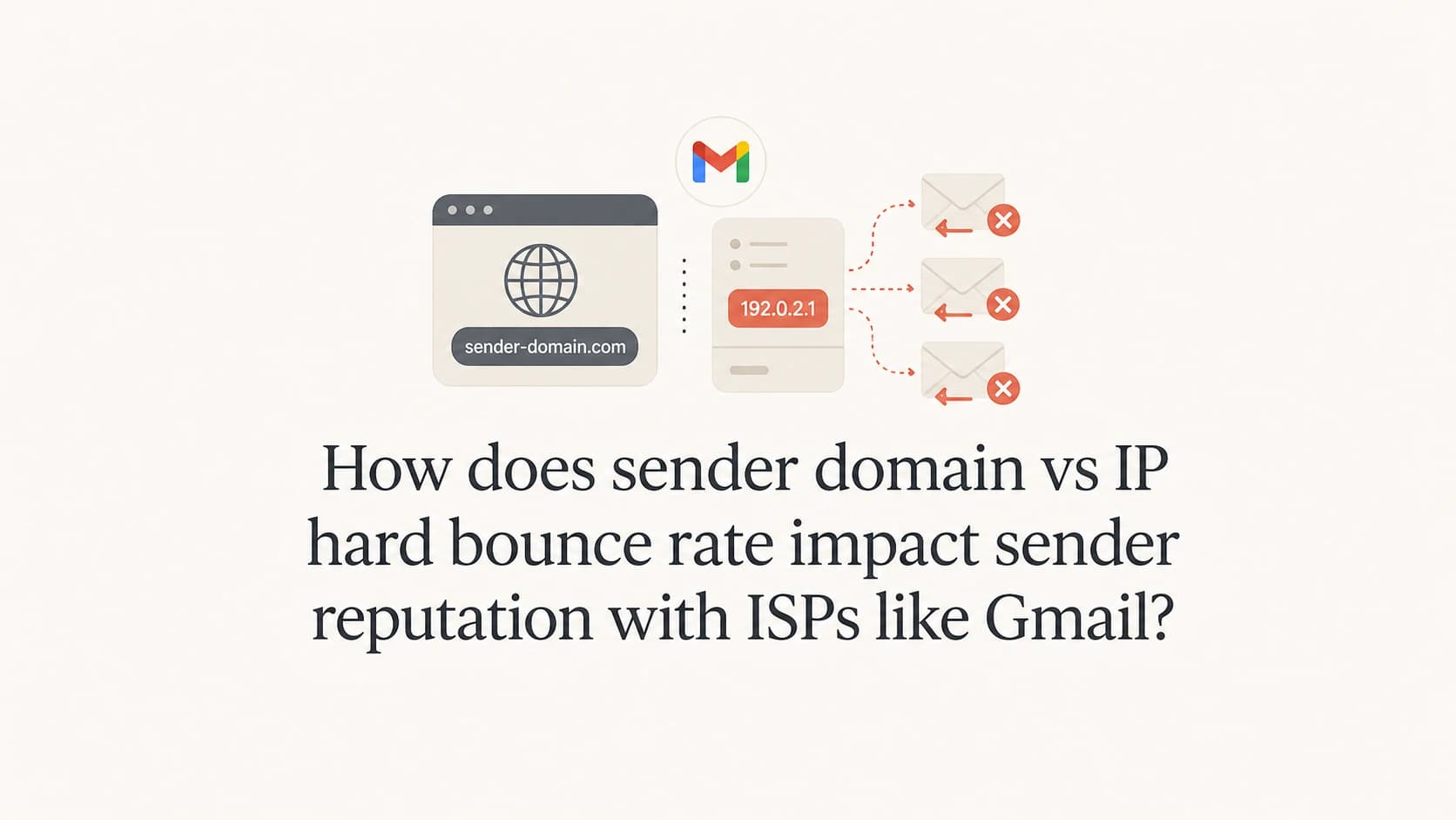 A sending domain, IP label, and returned email envelopes around a Gmail logo.