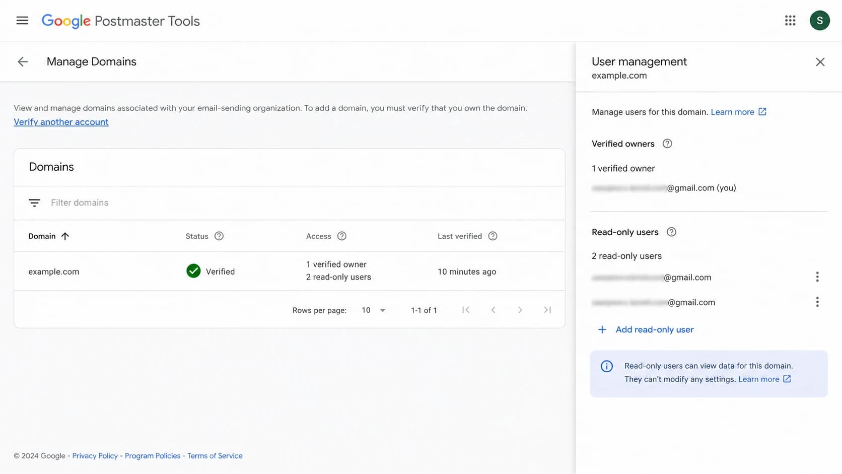 Google Postmaster Tools Manage Domains screen with owner and read-only access.