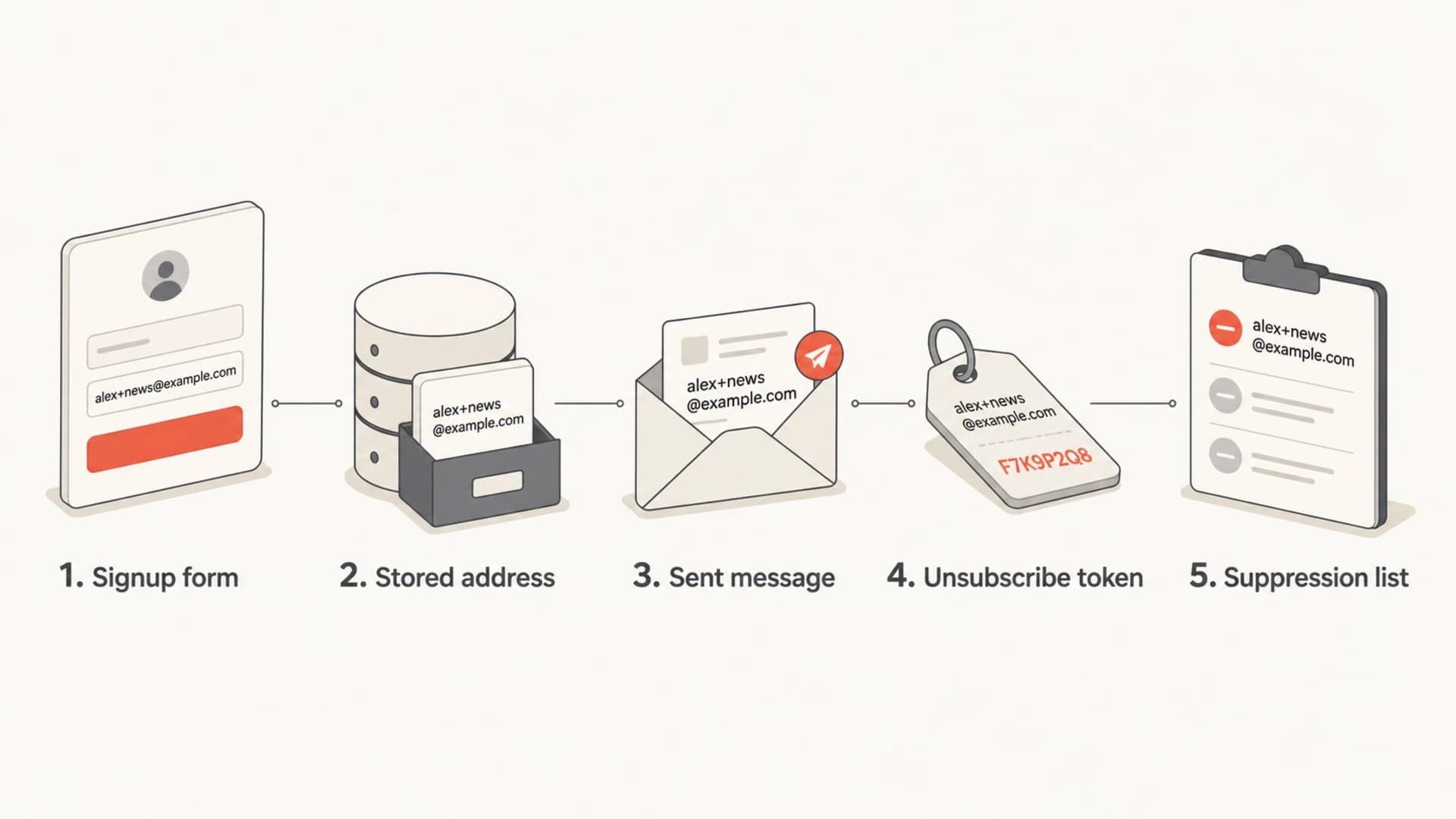 Infographic showing a plus-tagged address preserved across signup, sending, and unsubscribe steps.