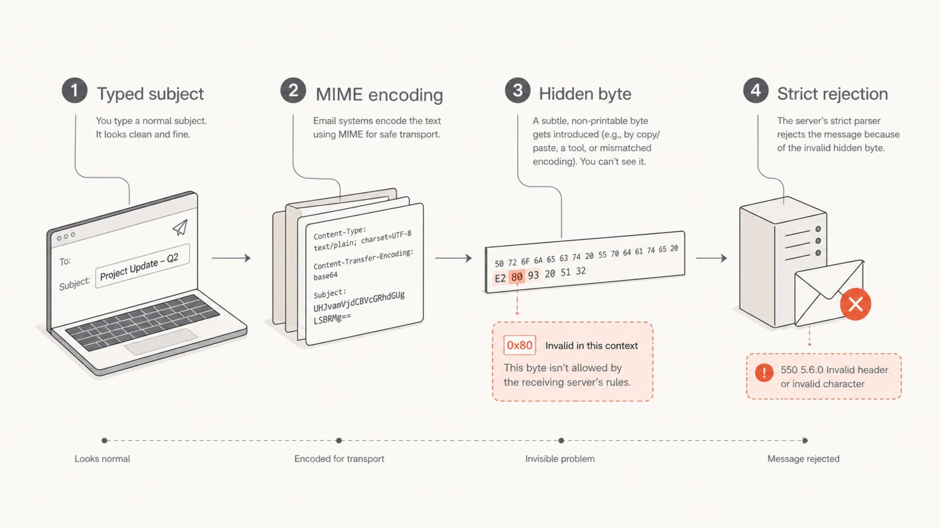 A typed subject passes through encoding, gains a hidden byte, and is rejected by a strict server.
