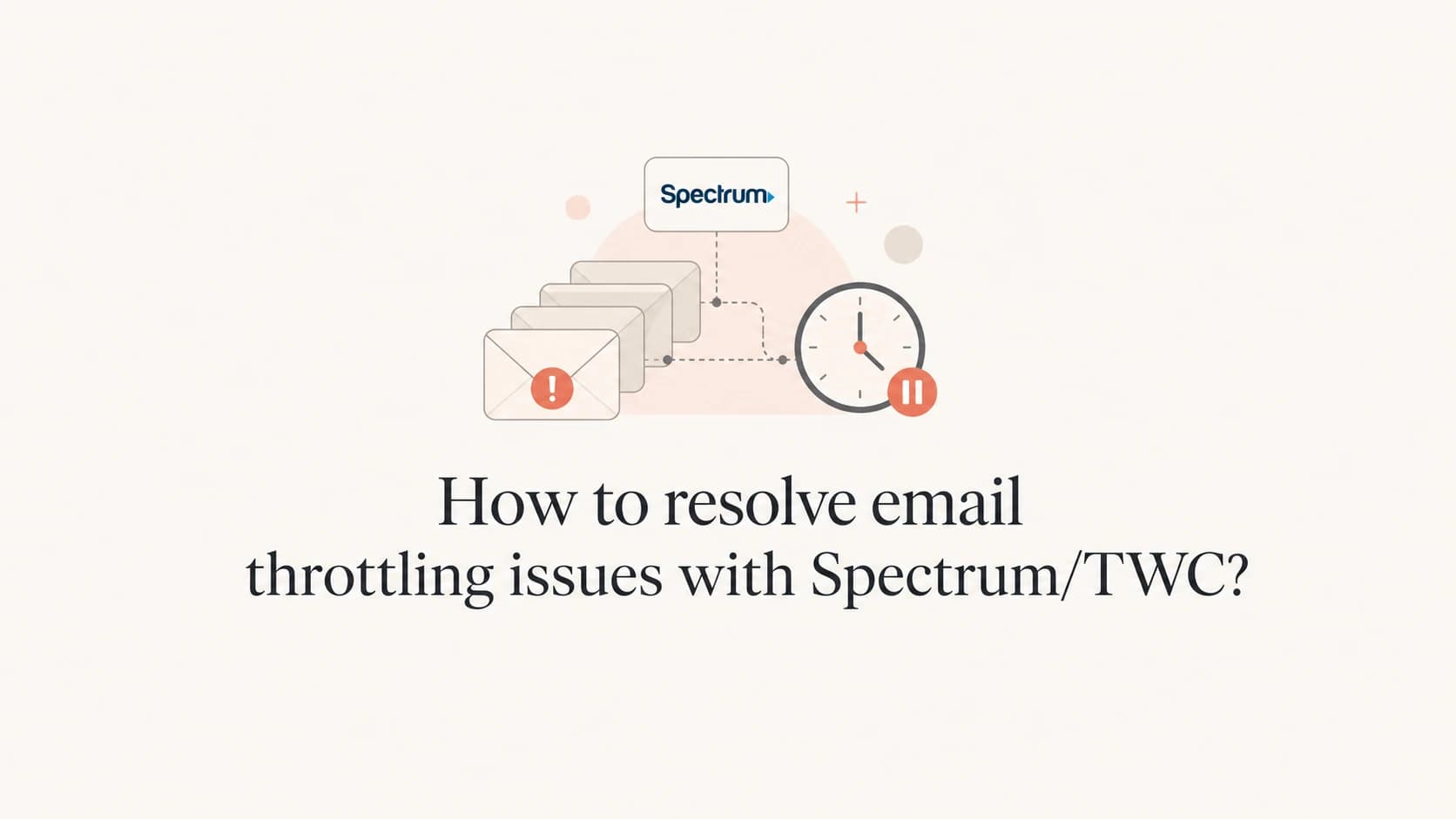 A mail queue, clock, and routing symbols for Spectrum/TWC throttling.