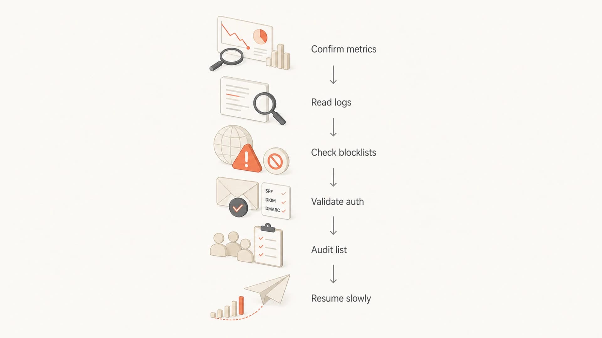 A six-step flowchart for diagnosing and recovering from a deliverability drop.