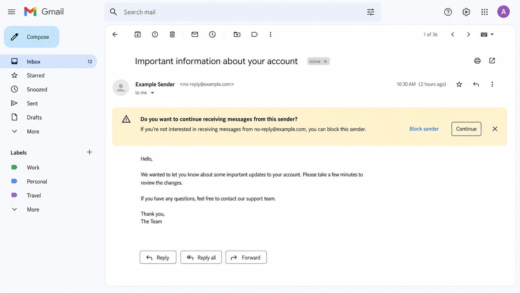 Gmail desktop message view with a sender banner above the email.