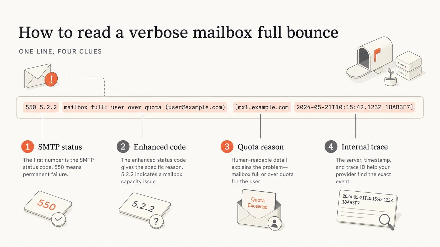 A simplified bounce message with callouts for SMTP status, enhanced code, quota reason, and internal trace.