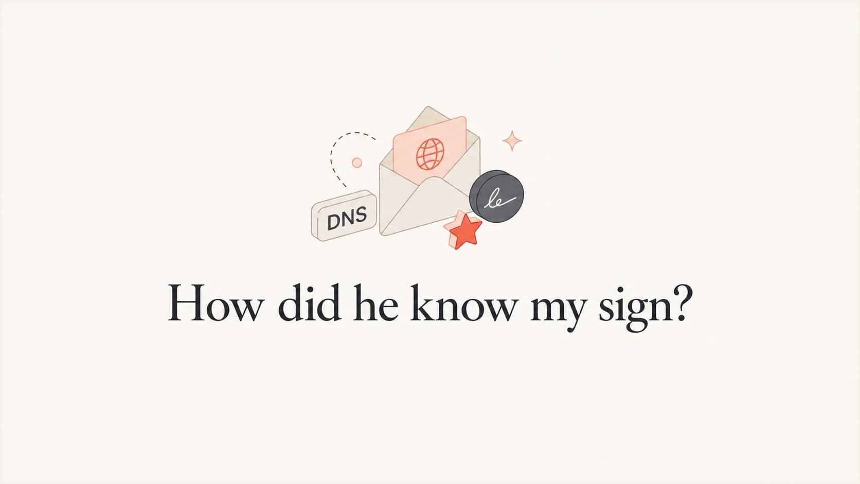 An envelope, signature mark, DNS label, and star icon around the title How did he know my sign?