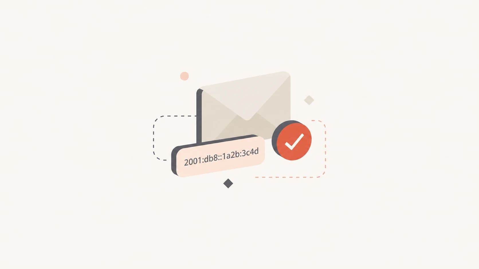 An email authentication concept with an IPv6 address tag and a checkmark.