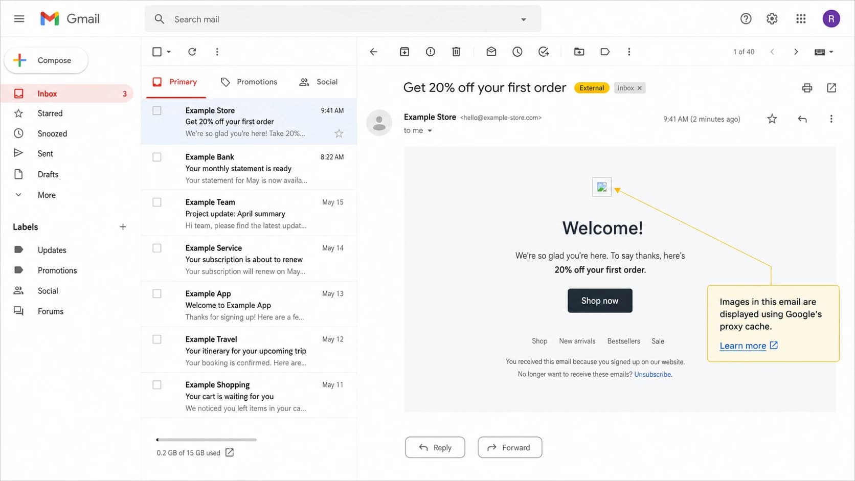 Gmail message view showing remote images displayed through Google's image cache.