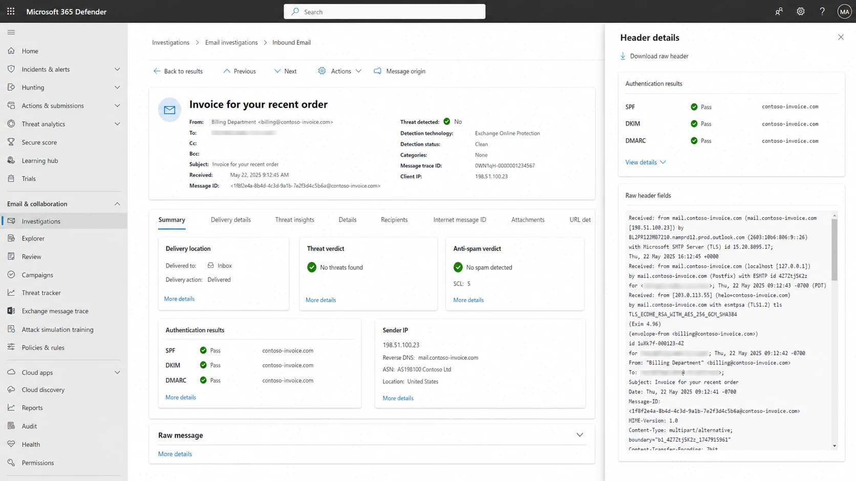 Microsoft Defender portal message details showing SCL and authentication results.