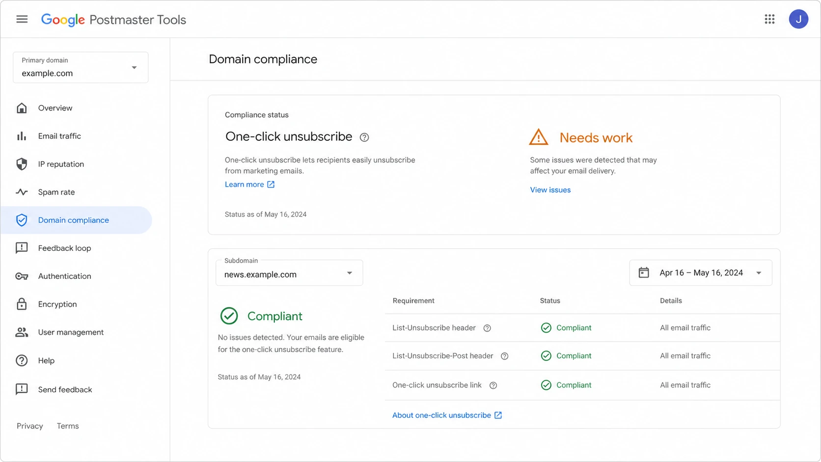 Google Postmaster Tools showing different one-click unsubscribe status for a root domain and a subdomain.