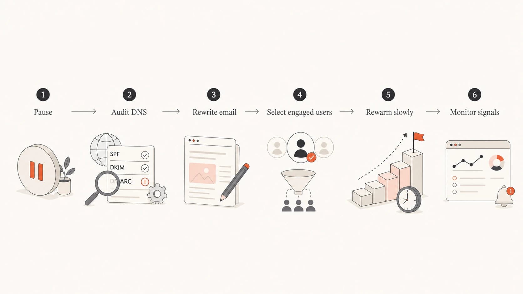 A left-to-right flowchart for Gmail warm-up recovery decisions.