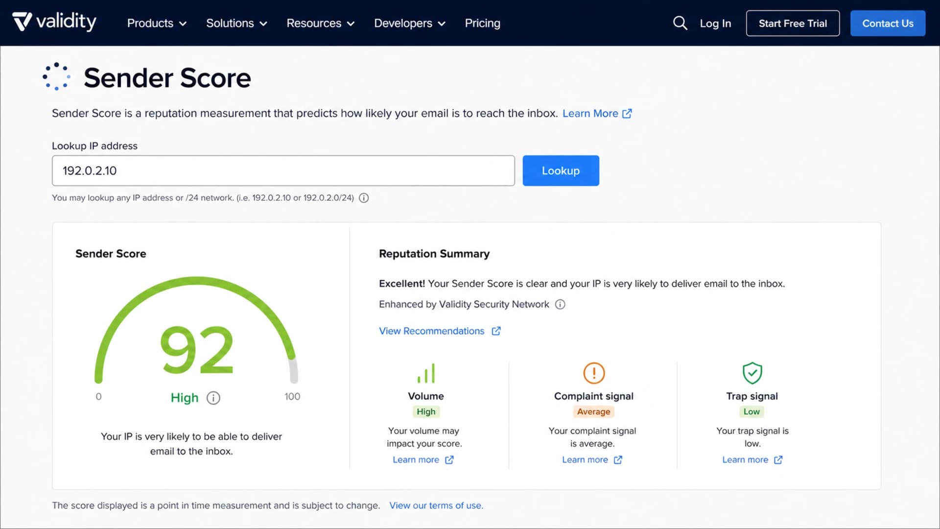 Sender Score lookup screen showing an IP search field, score gauge, and reputation indicators.